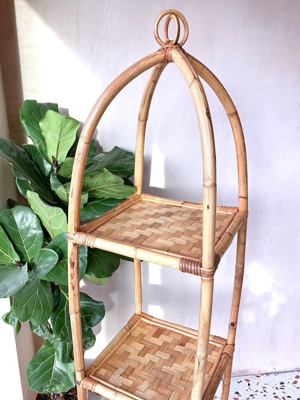 Mid Century Freestanding Arched Bamboo Etagere Shelving Unit With Large Woven Detail Shelves photo 295.0