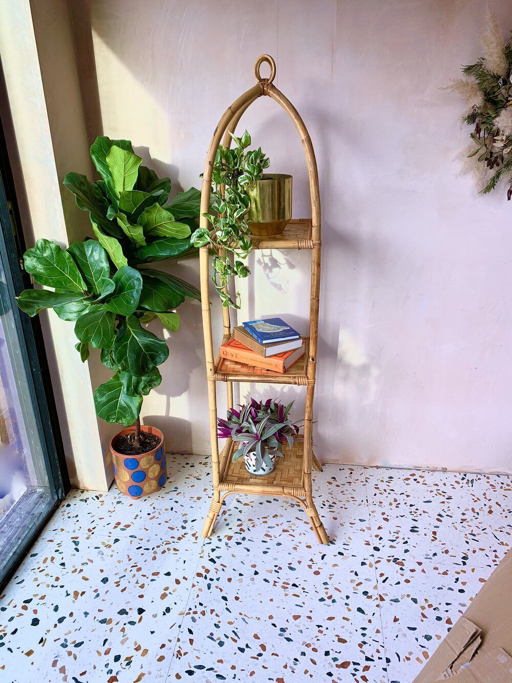 Mid Century Freestanding Arched Bamboo Etagere Shelving Unit With Large Woven Detail Shelves photo vinterior
