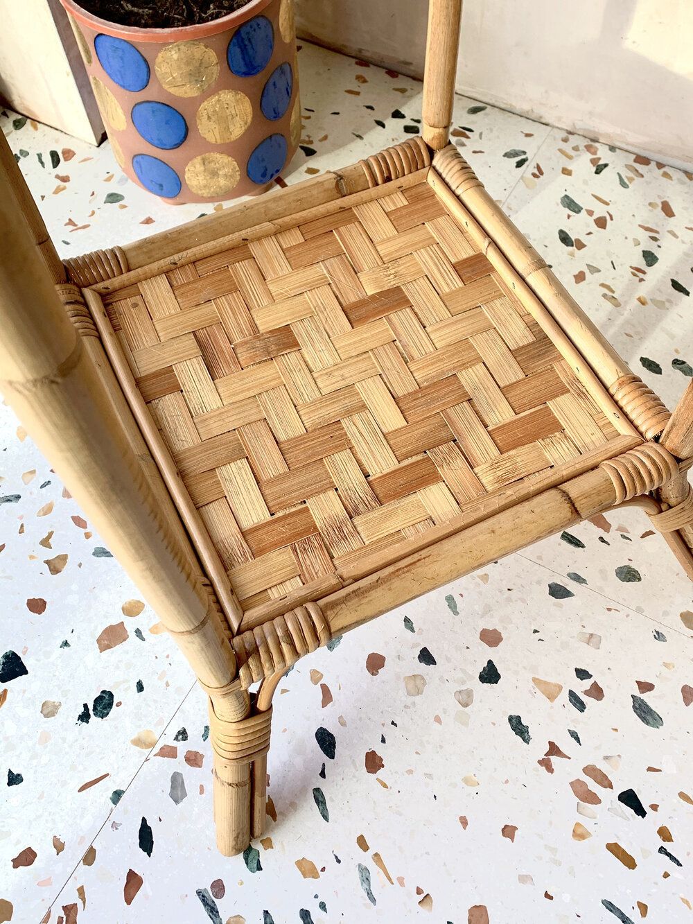 photo for sale Mid Century Freestanding Arched Bamboo Etagere Shelving Unit With Large Woven Detail Shelves
