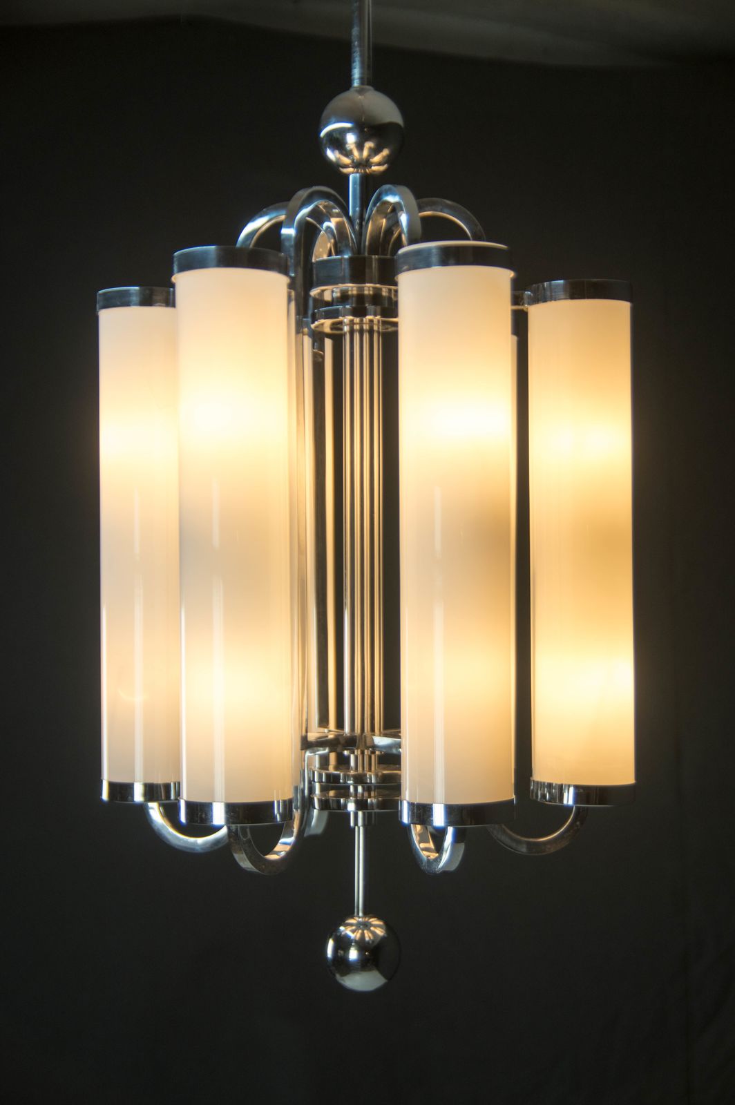 photo furniture Large Bauhaus Chandelier With 6 Tubular Shades, 1930s
