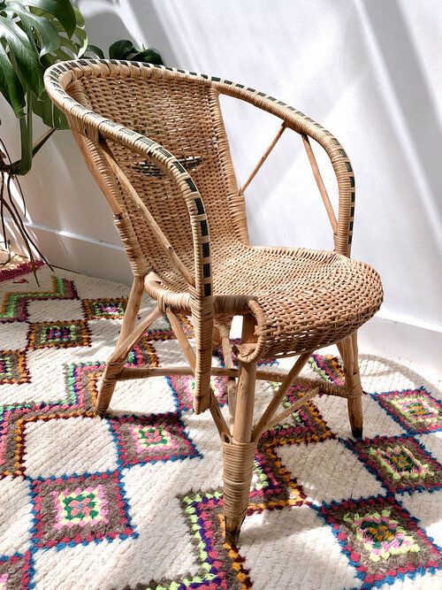 Vintage Petite French Wicker Chair With Contrast Colour Trim & Diamond Detail