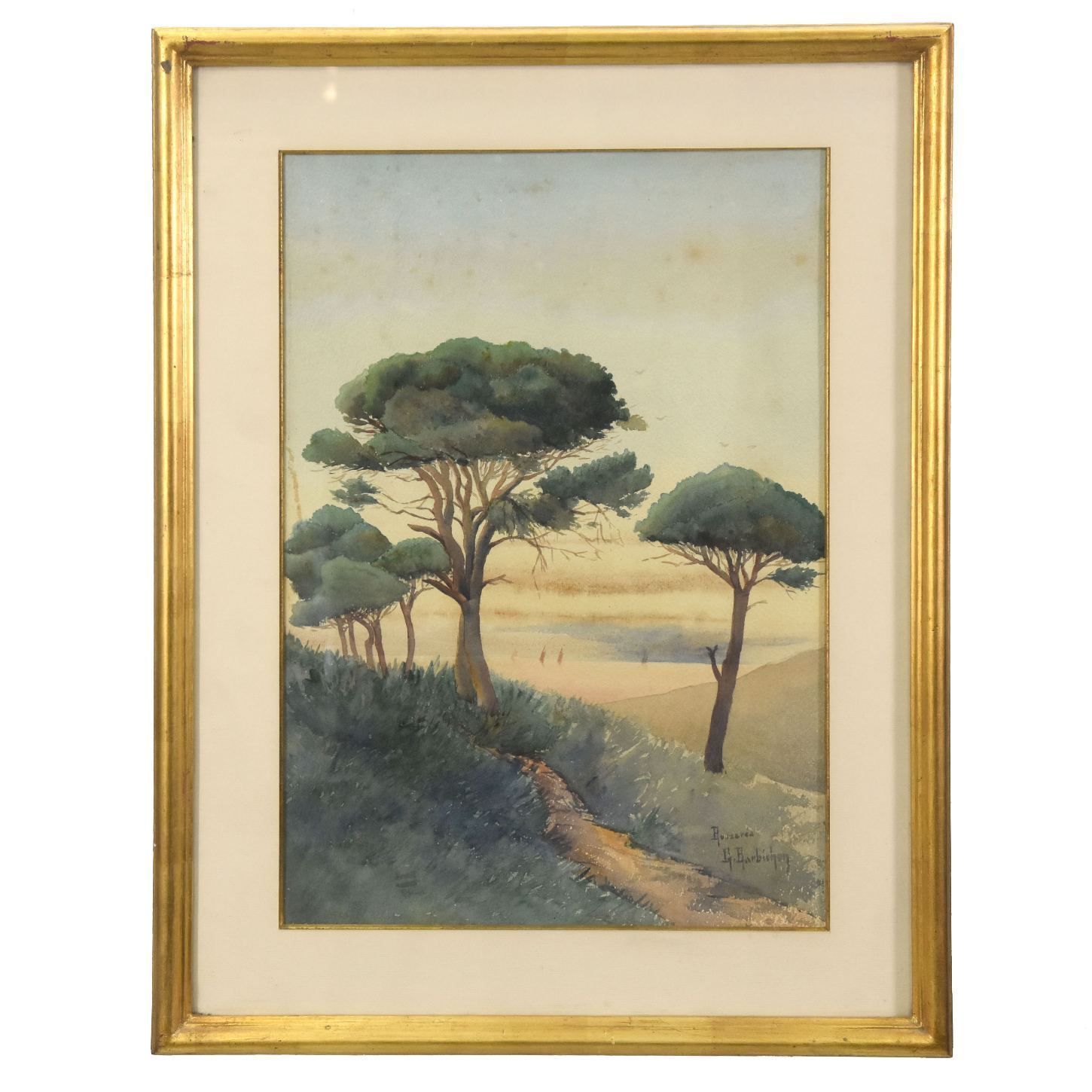 Gouache Landscape With Parasol Pines Signed G. Barbichon French School 1900