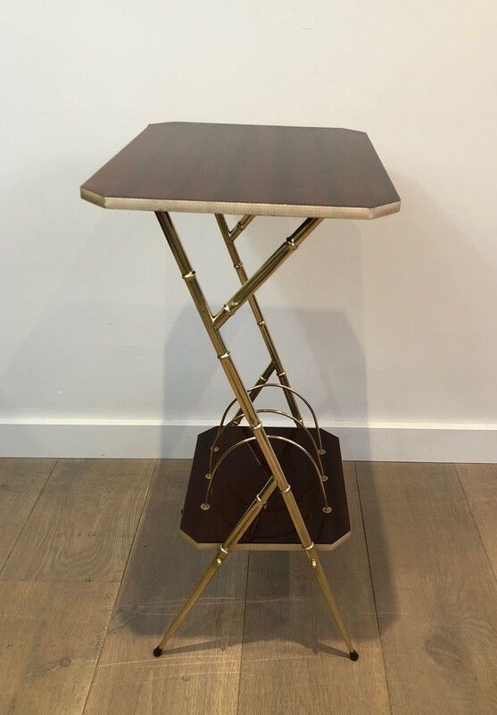 Mahogany And Faux Bamboo Gilt Metal Side Table With Magazine Rack. French. Circa 1970 photo furniture