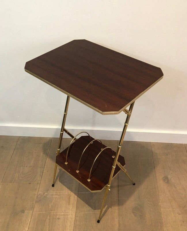 Mahogany And Faux Bamboo Gilt Metal Side Table With Magazine Rack. French. Circa 1970 photo Furniture