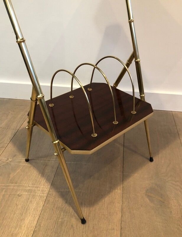 Mahogany And Faux Bamboo Gilt Metal Side Table With Magazine Rack. French. Circa 1970 photo vintage