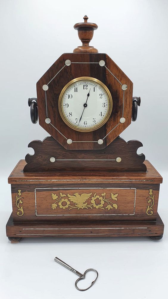 19th Century Rosewood Mantle Clock With Brass And Mother Of Pearl Inlay photo furniture