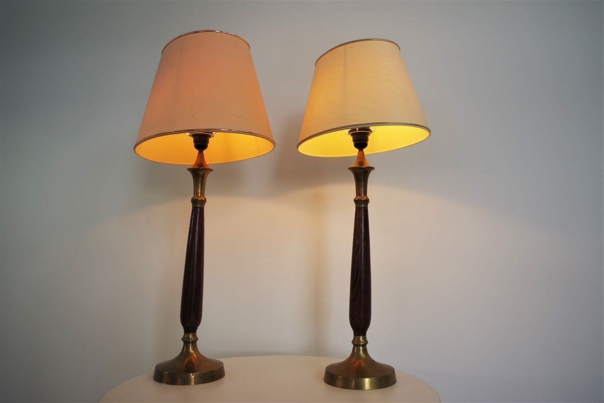 Lampade In Mogano, Brass & Cotton Hats Di Abat Jour, Anni '50, Set Di 2 photo Lighting