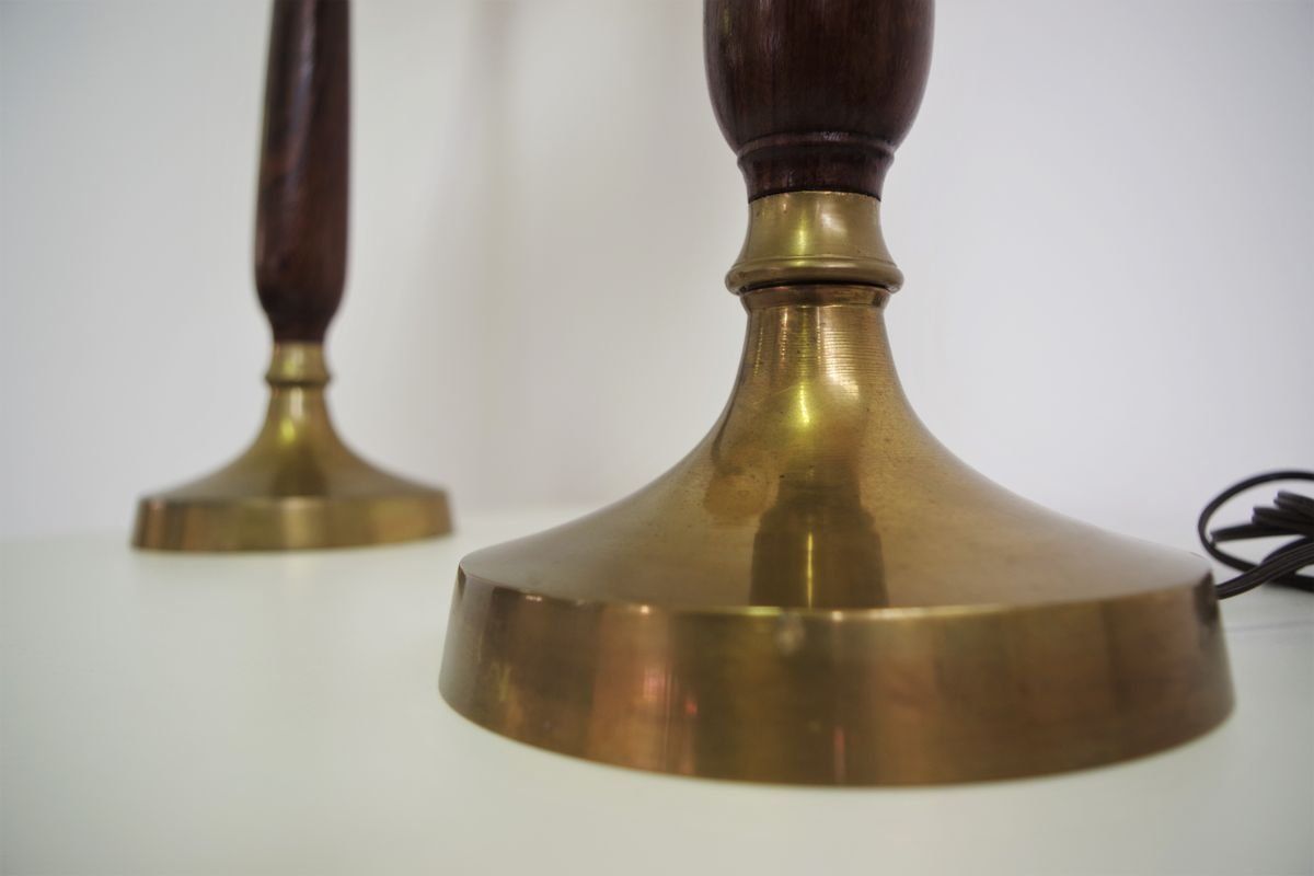 Lighting Lampade In Mogano, Brass & Cotton Hats Di Abat Jour, Anni '50, Set Di 2 photo