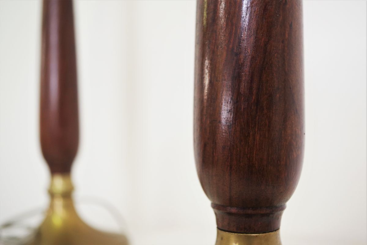 photo buy Lampade In Mogano, Brass & Cotton Hats Di Abat Jour, Anni '50, Set Di 2