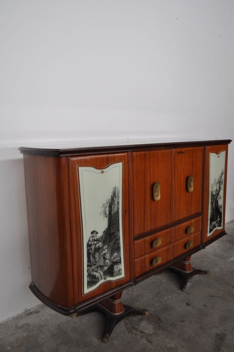 Credenza Con Cassetti In Pera Di Mogano, Ottone E Vetro Con Disegni Allegorici E Flash Interni Di F.Lli Rigamonti Desio, Milano, Anni '40 photo for sale