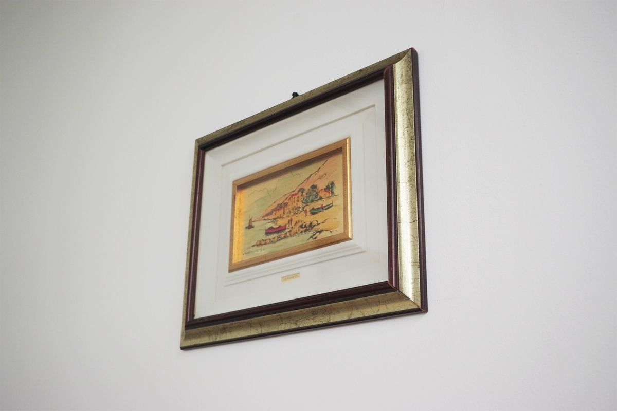 Immagini Incorniciate Italiane Con Foglie D'oro Di R. Pighetti, Anni '70, Set Di 2 photo Art