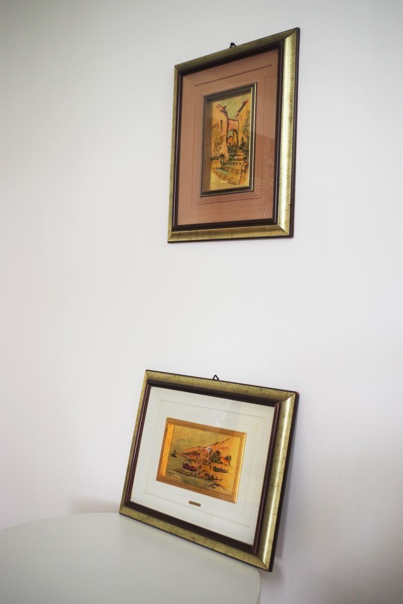 photo vinterior Immagini Incorniciate Italiane Con Foglie D'oro Di R. Pighetti, Anni '70, Set Di 2