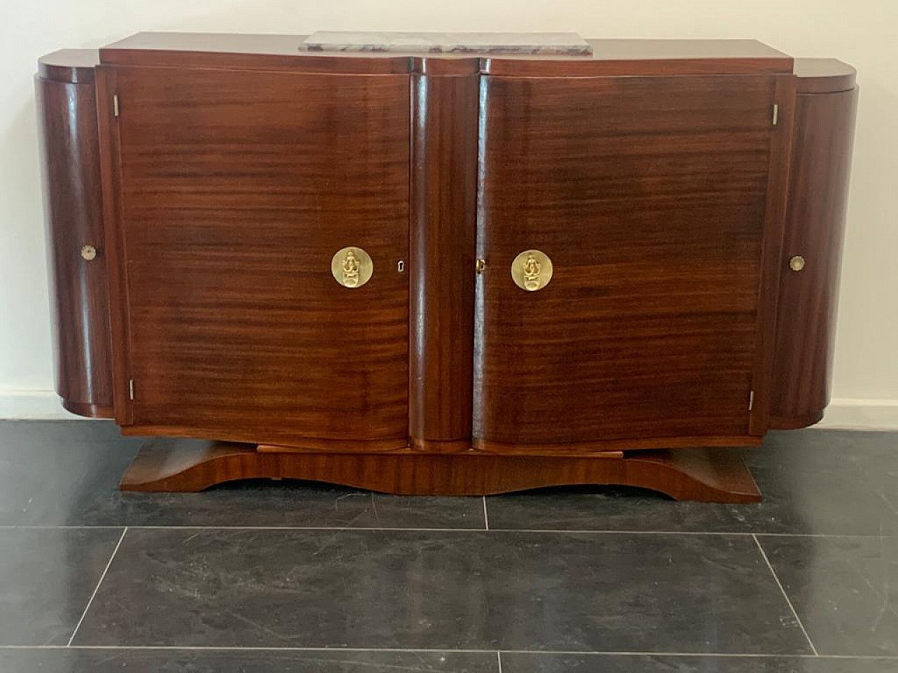 Art Deco Mahogany And Bronze Sideboard With Marble Top In The Style Of Jules Leleu, 1920s photo for sale