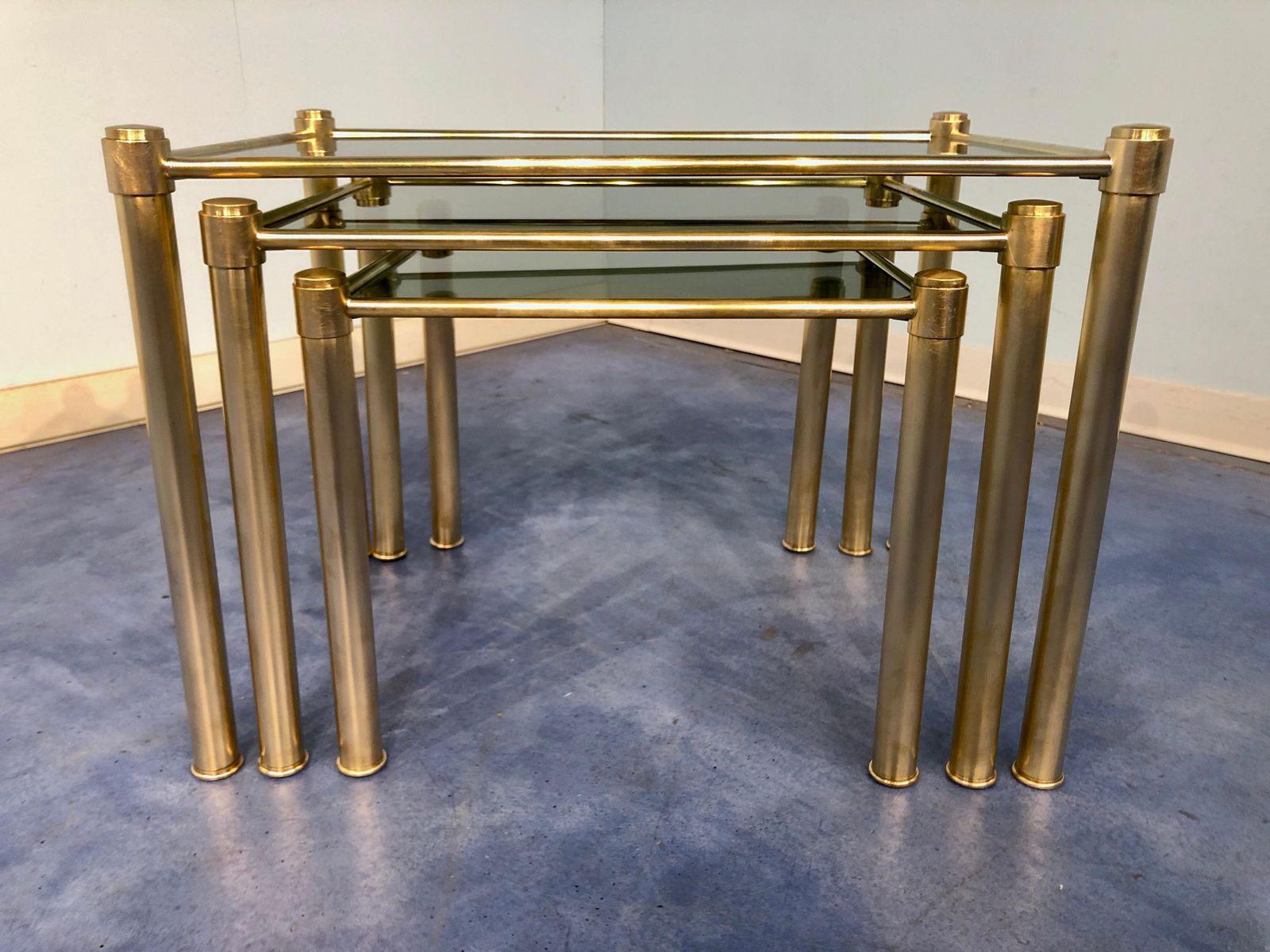 Italian Mid Century Modern Brass And Smoked Glass Nesting Tables, 1970s photo for sale