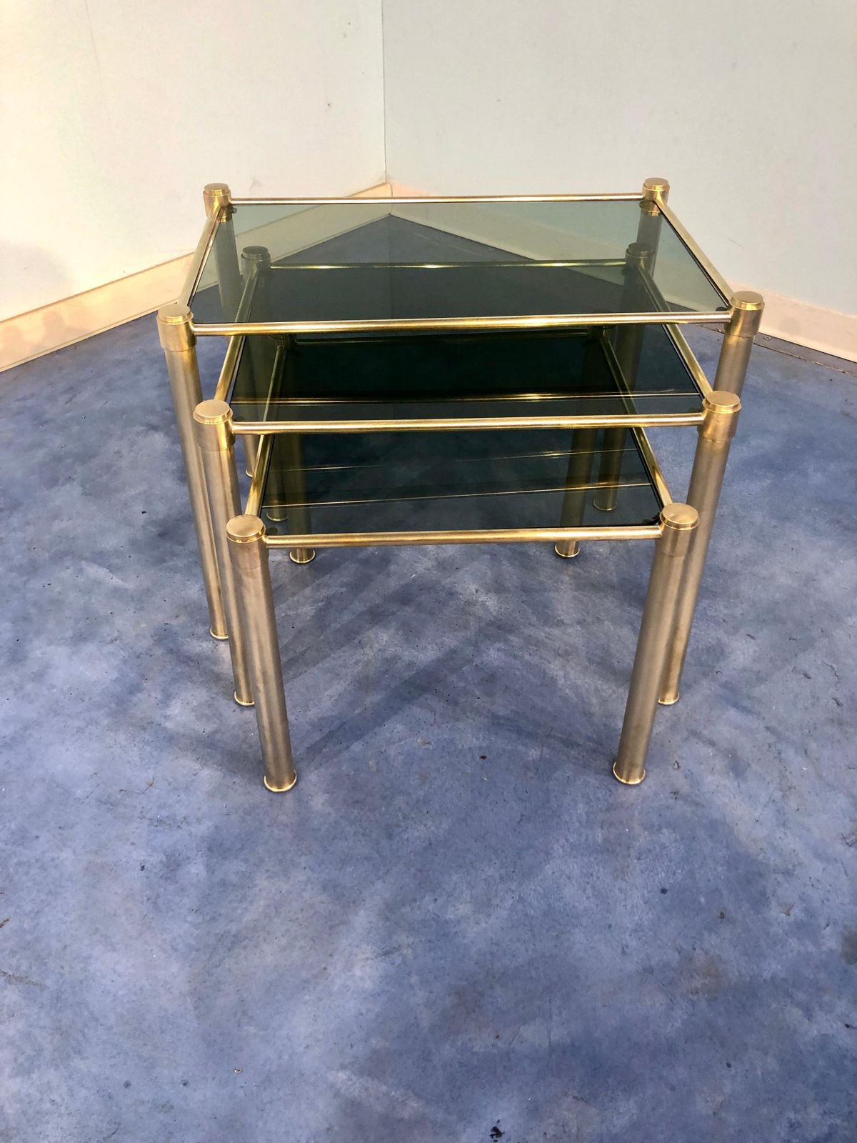 Italian Mid Century Modern Brass And Smoked Glass Nesting Tables, 1970s photo buy