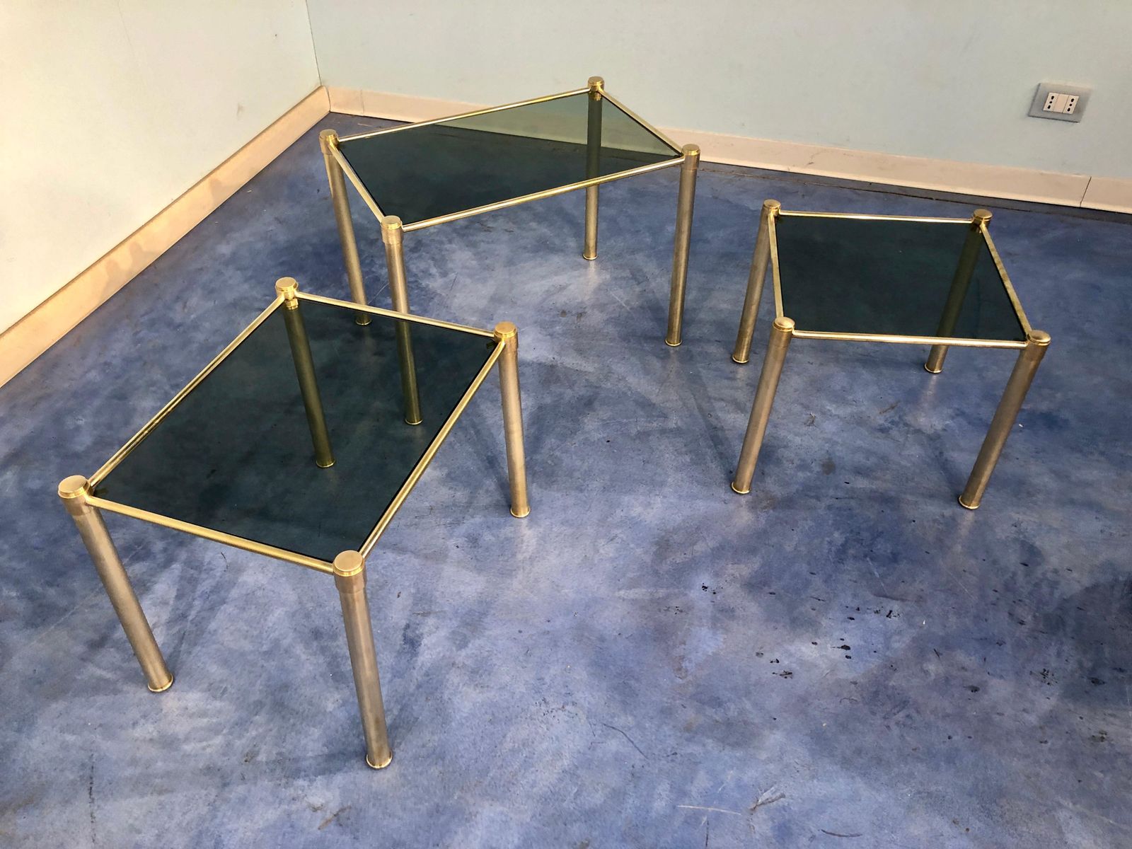 703.0 Italian Mid Century Modern Brass And Smoked Glass Nesting Tables, 1970s photo