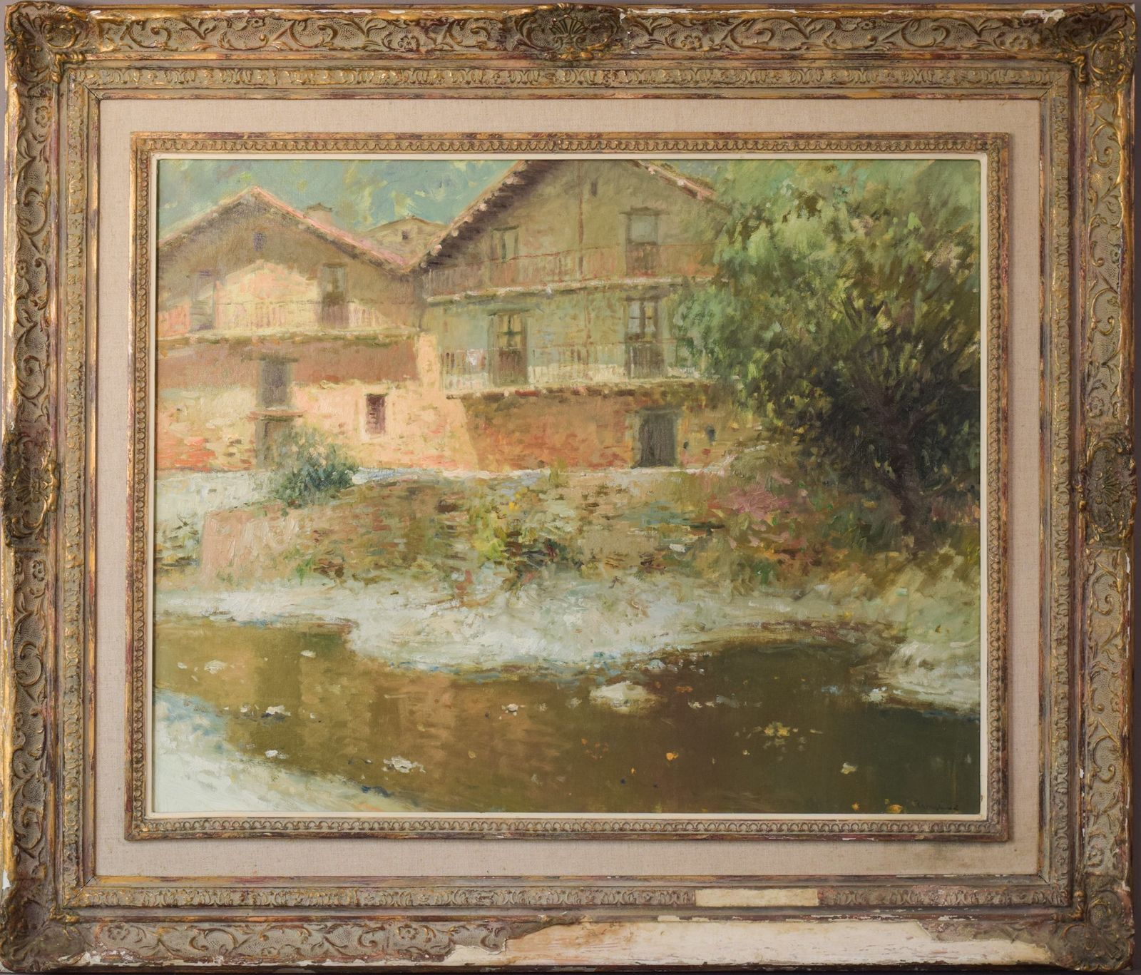 Joan Ramon Palau Junca – Impressionistisch Schilderij Met Rivier En Chalets photo for sale