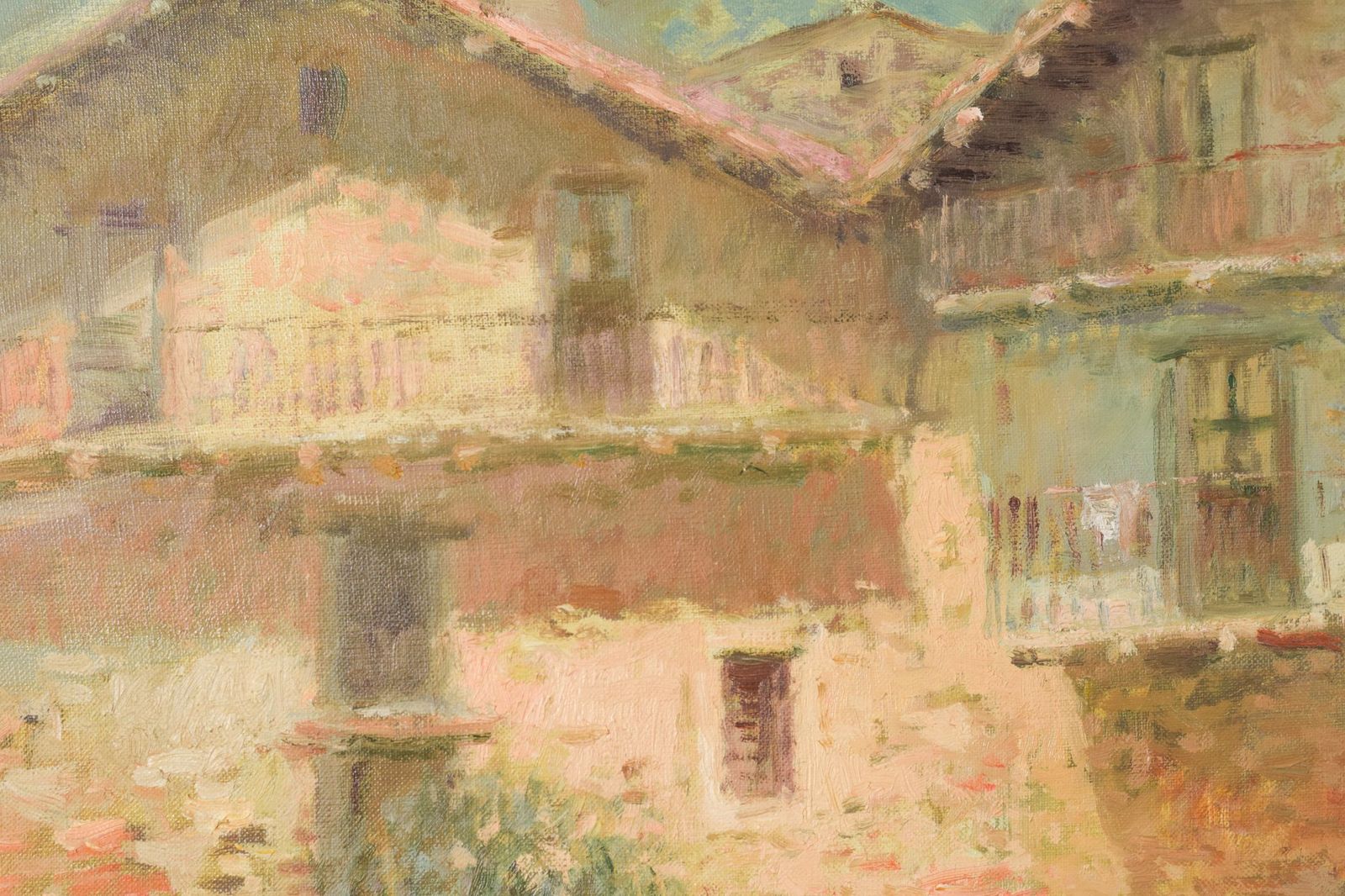 Joan Ramon Palau Junca – Impressionistisch Schilderij Met Rivier En Chalets photo vintage