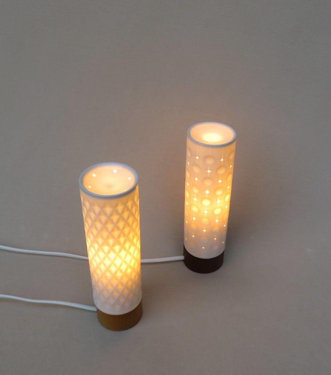 Small Minimalist Wooden Table Lamps With Porcelain Shades From Wallendorfer Porzellanmanufaktur, 1960s, Set Of 2 photo Lighting