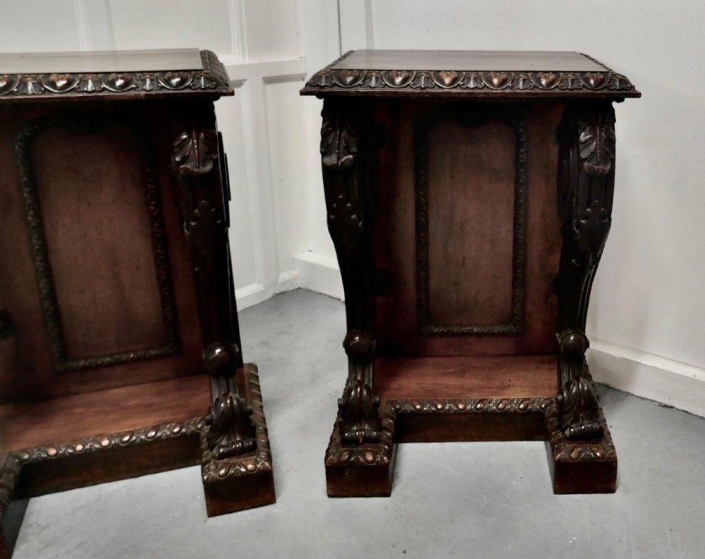 A Pair Of 19th Century Art Nouveau Gothic Carved Oak Console Pedestals photo for sale