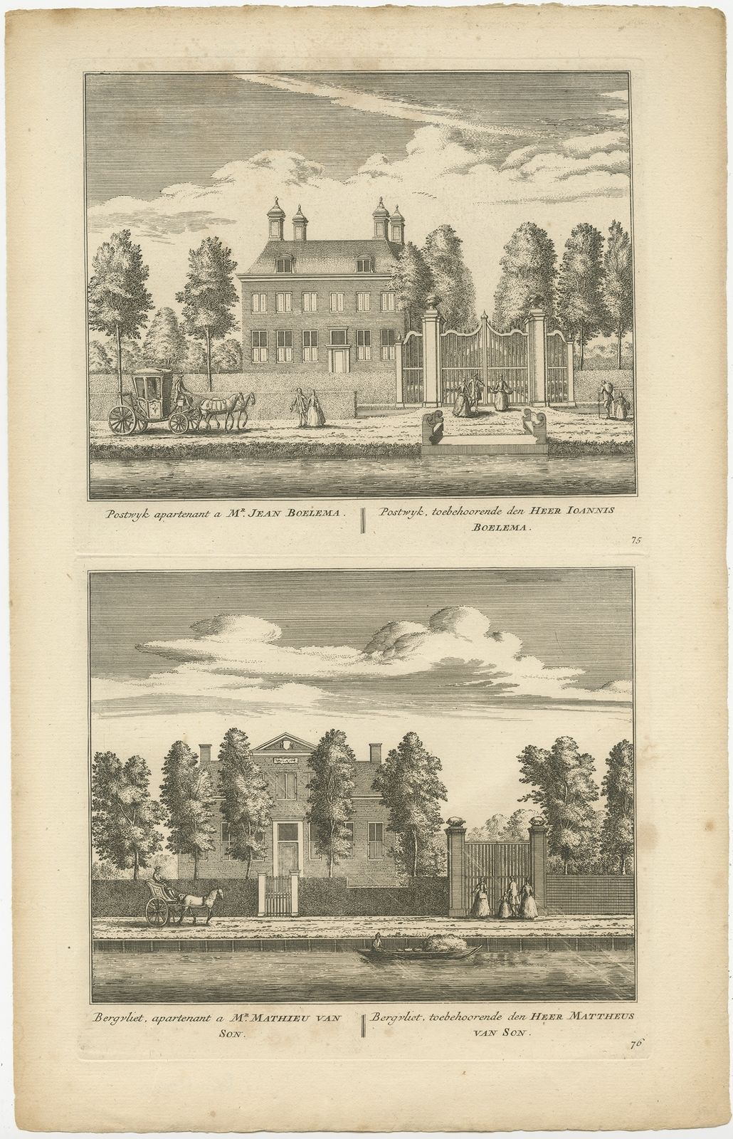 Antique Print Of Postwijck And Bergvliet Manor By Rademaker (1730)