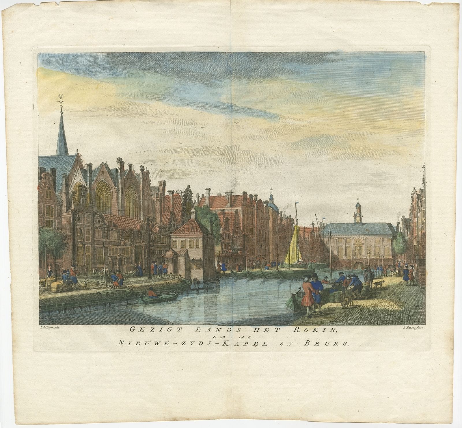 Antique Print Of The Rokin Canal In Amsterdam By Folkema (C.1765)