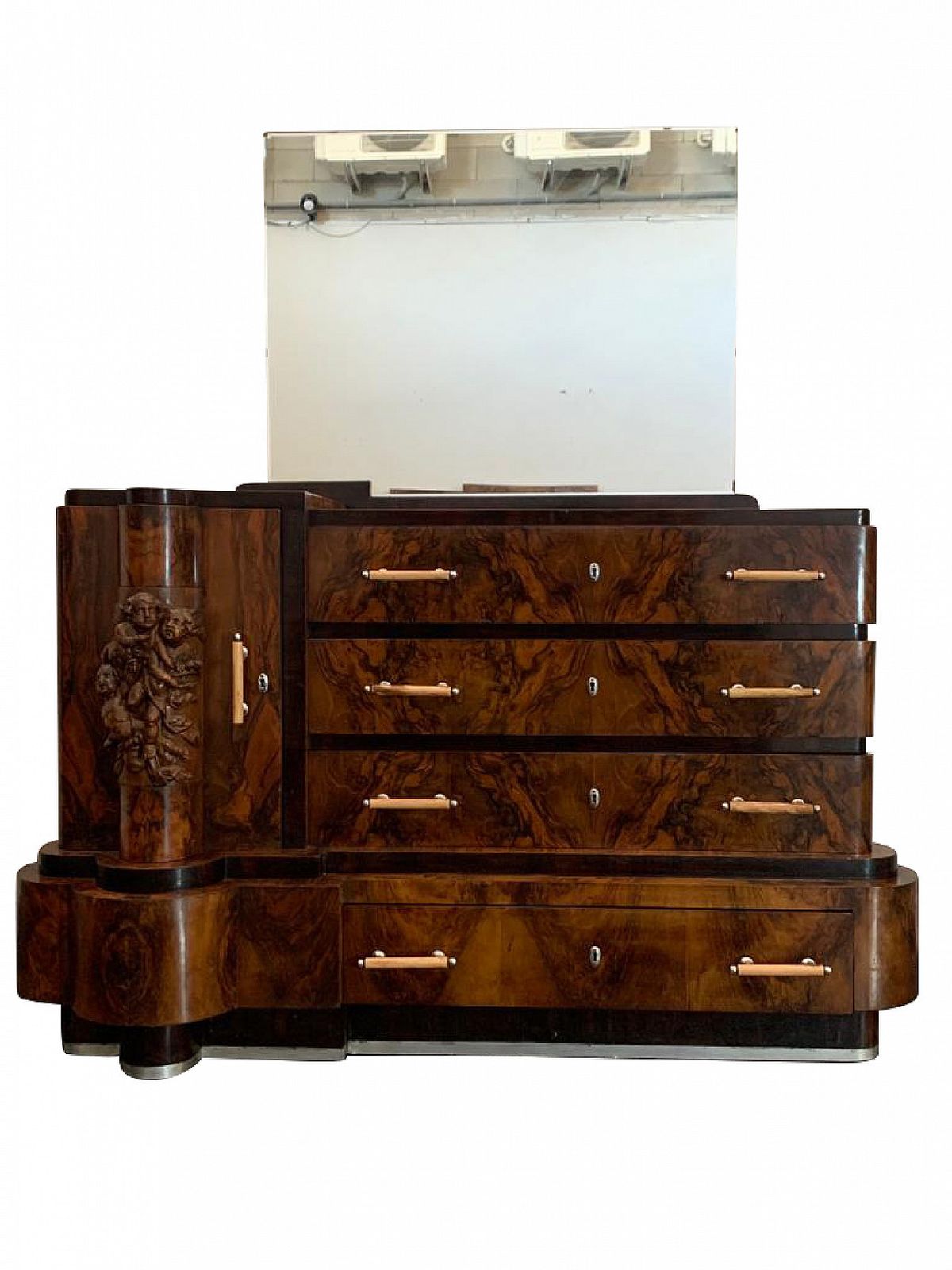 Art Deco Chest Of Drawers By Ducrot In Walnut With Mirror, 20s photo furniture