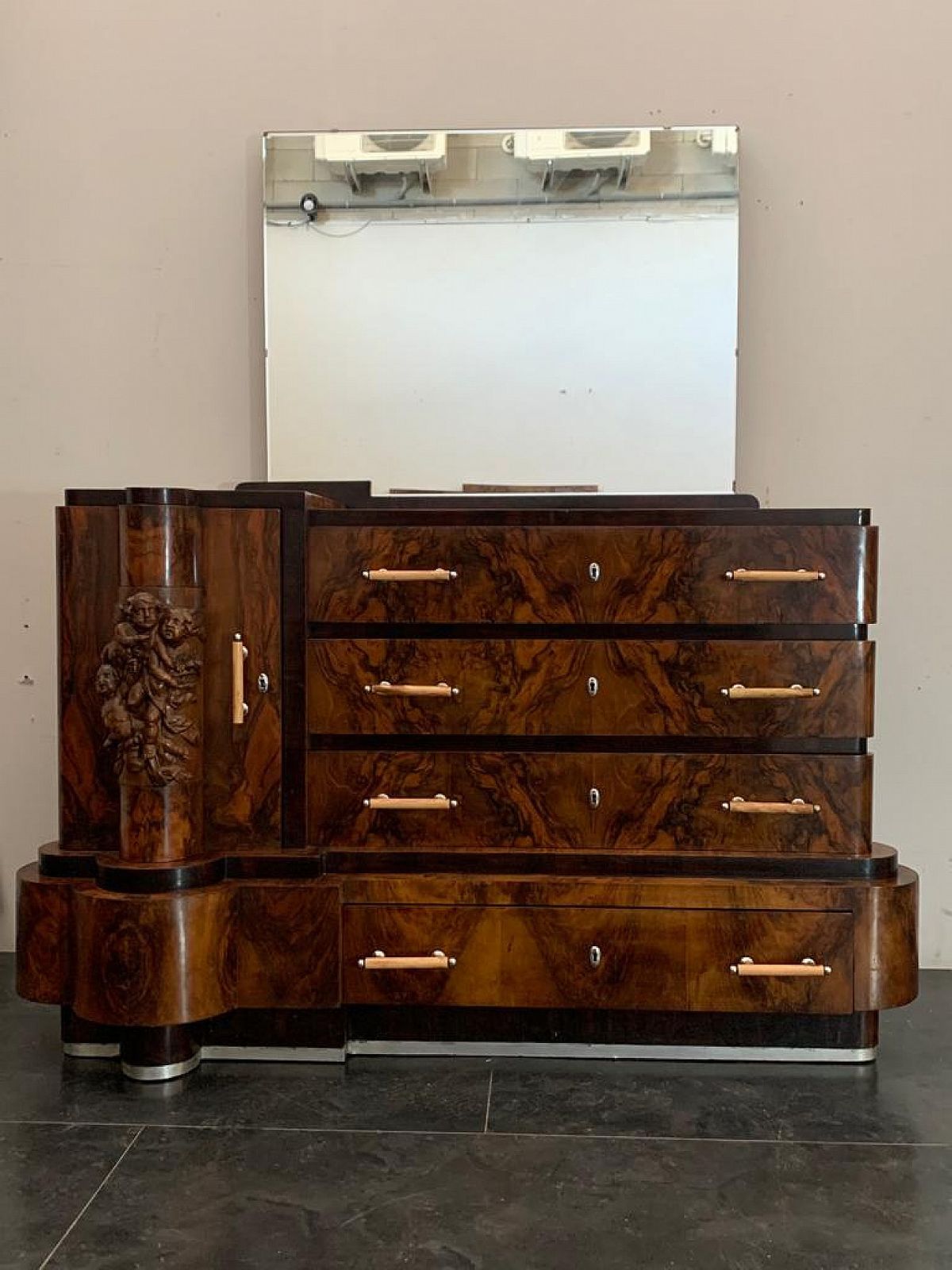 Art Deco Chest Of Drawers By Ducrot In Walnut With Mirror, 20s