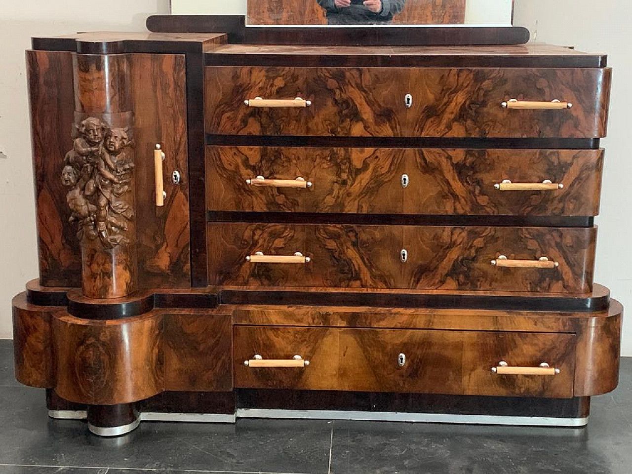 Art Deco Chest Of Drawers By Ducrot In Walnut With Mirror, 20s photo for sale
