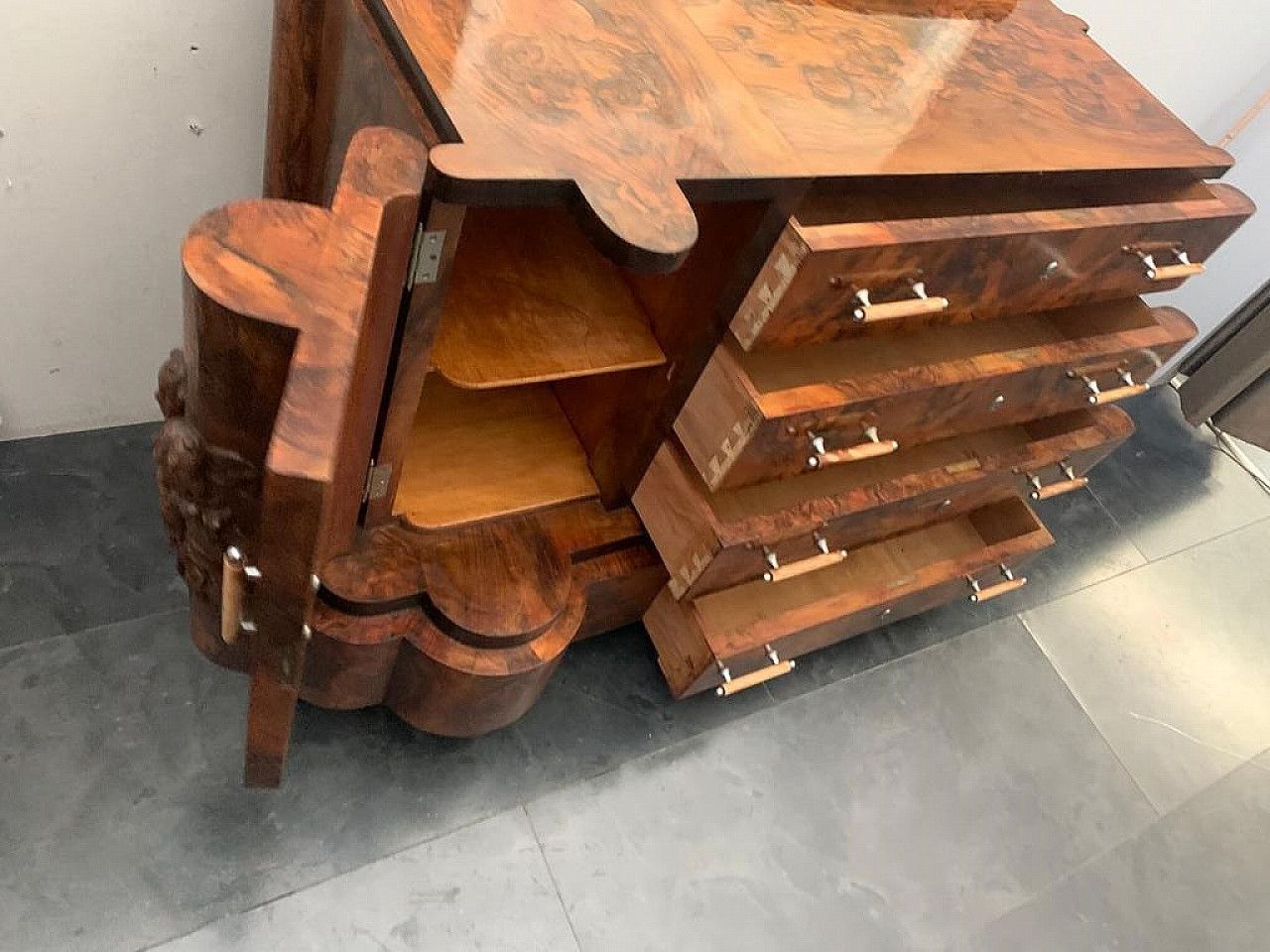 Art Deco Chest Of Drawers By Ducrot In Walnut With Mirror, 20s photo vintage