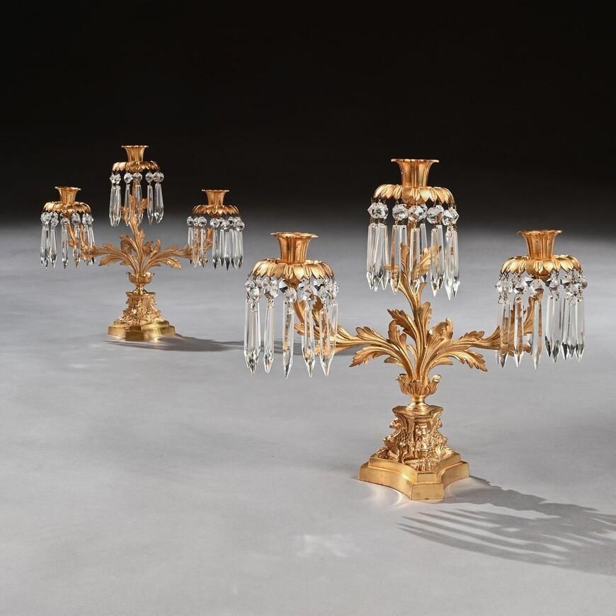 Pair Of Early 19th Century Gilt Bronze And Lustres Three Branch Candelabra
