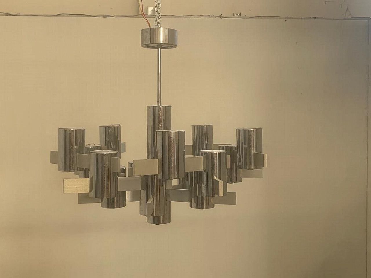Chandelier By Gaetano Sciolari In Steel And Aluminum, 70s photo for sale