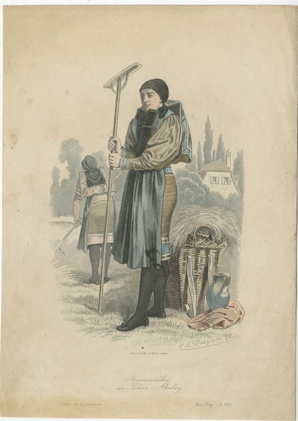 Antique Costume Print Of A Peasant Girl From Saxony Altenburg By Lipperheide (C.1876)