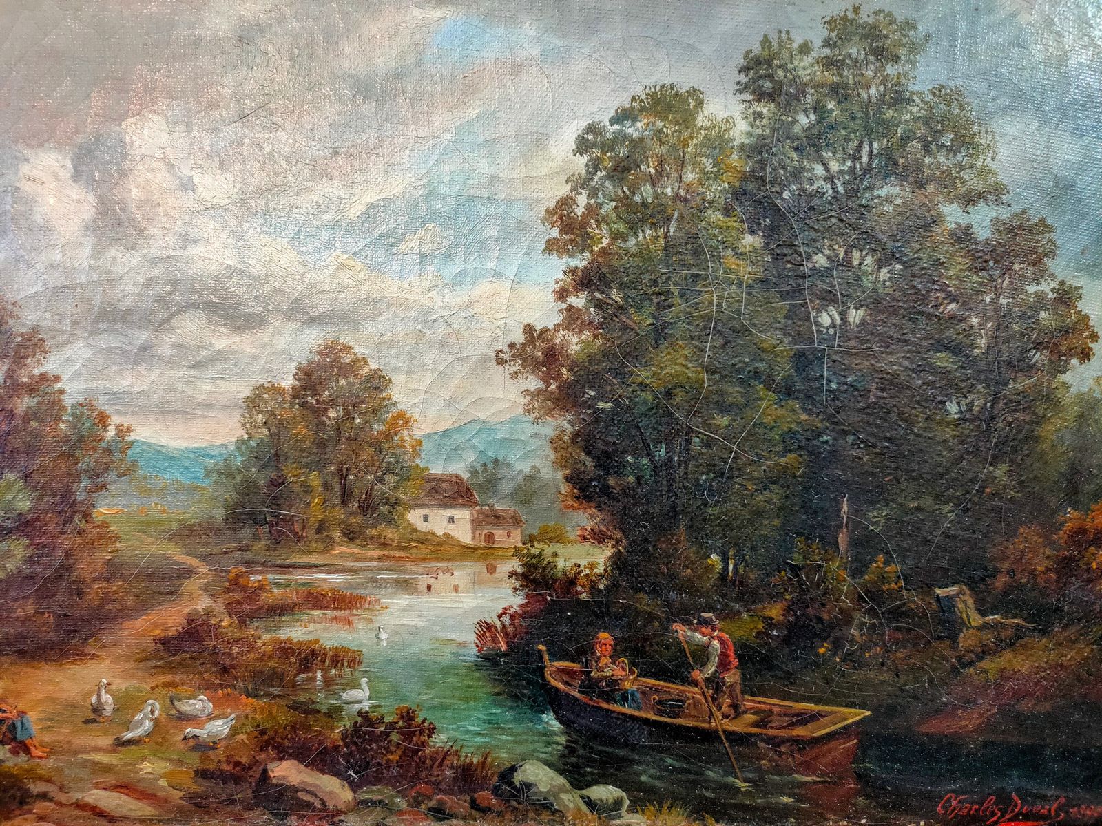 Oil Painting Woodland River Scene Signed By Robert Duval 1890 photo furniture