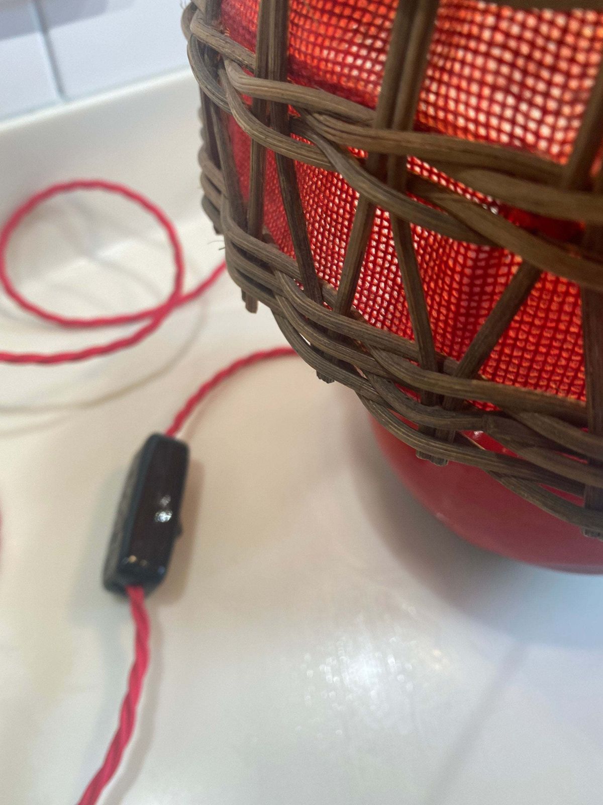 photo furniture Red Glazed Table Lamp Rattan Shade Nykirka Motala Sweden 1960s Excellent Condition Rewired