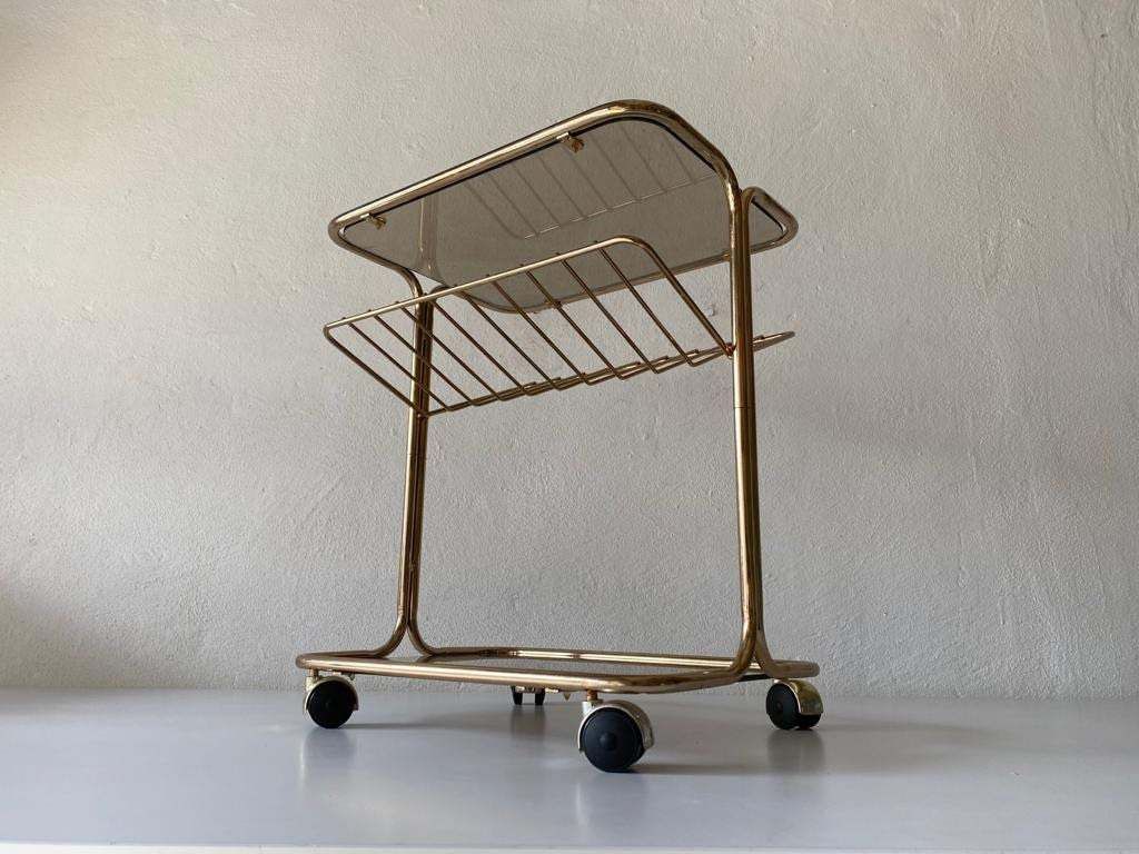 Mid Century Modern Gold Metal And Smoked Glass Magazine Stand Table, Living Room Organiser, 1960s, photo vinterior