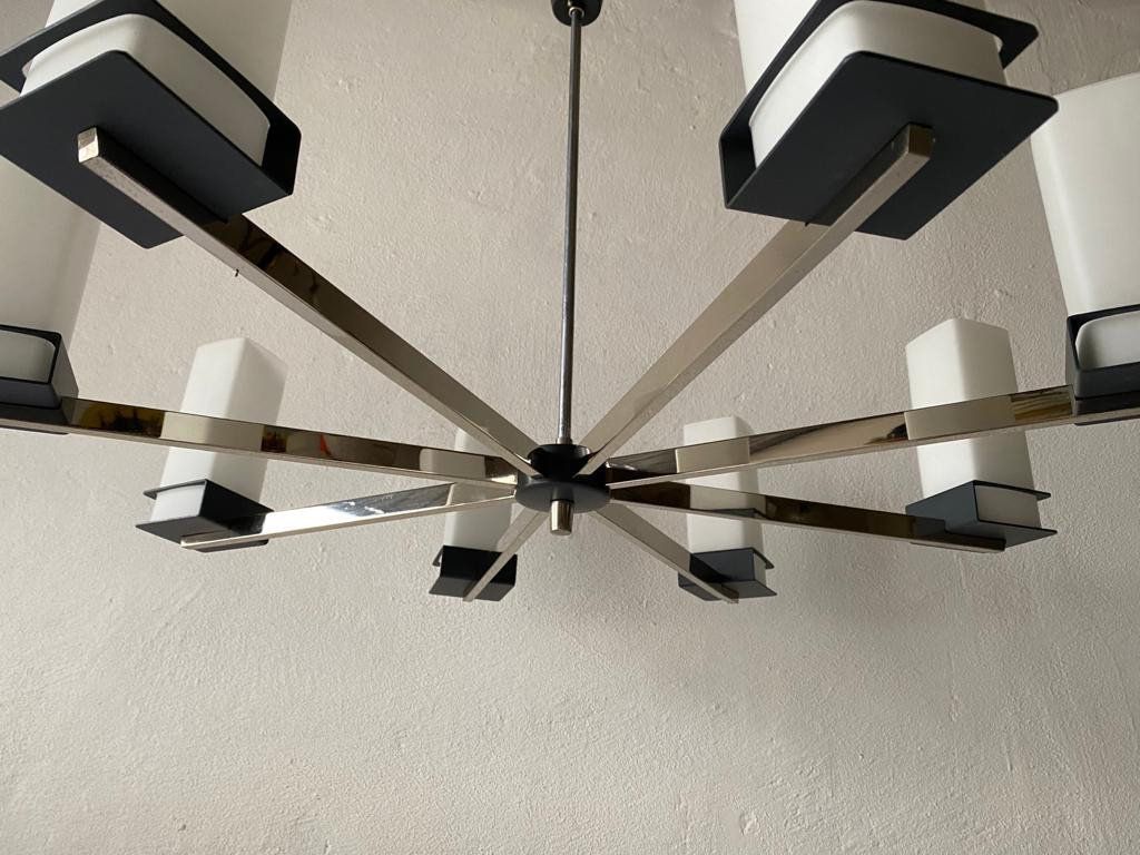 Excellent 8 Cylinder Opal Glass Tubes And Black Chrome Metal Body Atomic XX L Chandelier, 1970s photo 2780.08