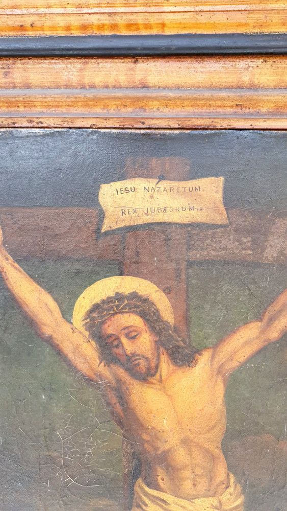 19th Century Oil On Canvas Of Jesus On Cross photo furniture
