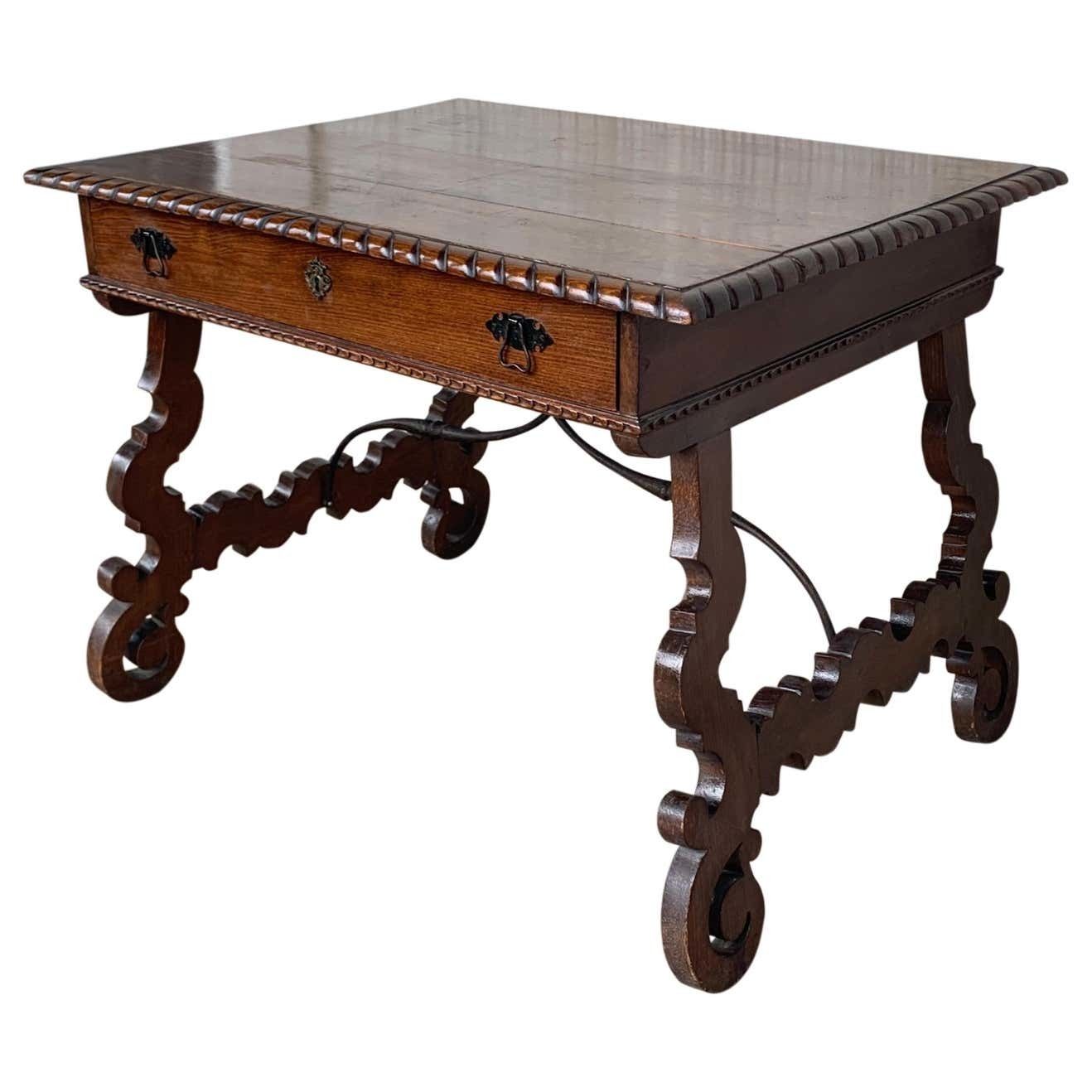 Early 20th Spanish Desk With Lyre Legs And Carved Edges On Top
