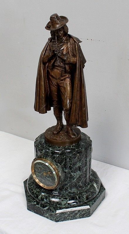 Pendulum In Bronze And Marble "The Flute Player", By Ca Calmels 2nd Part 19th Century photo for sale