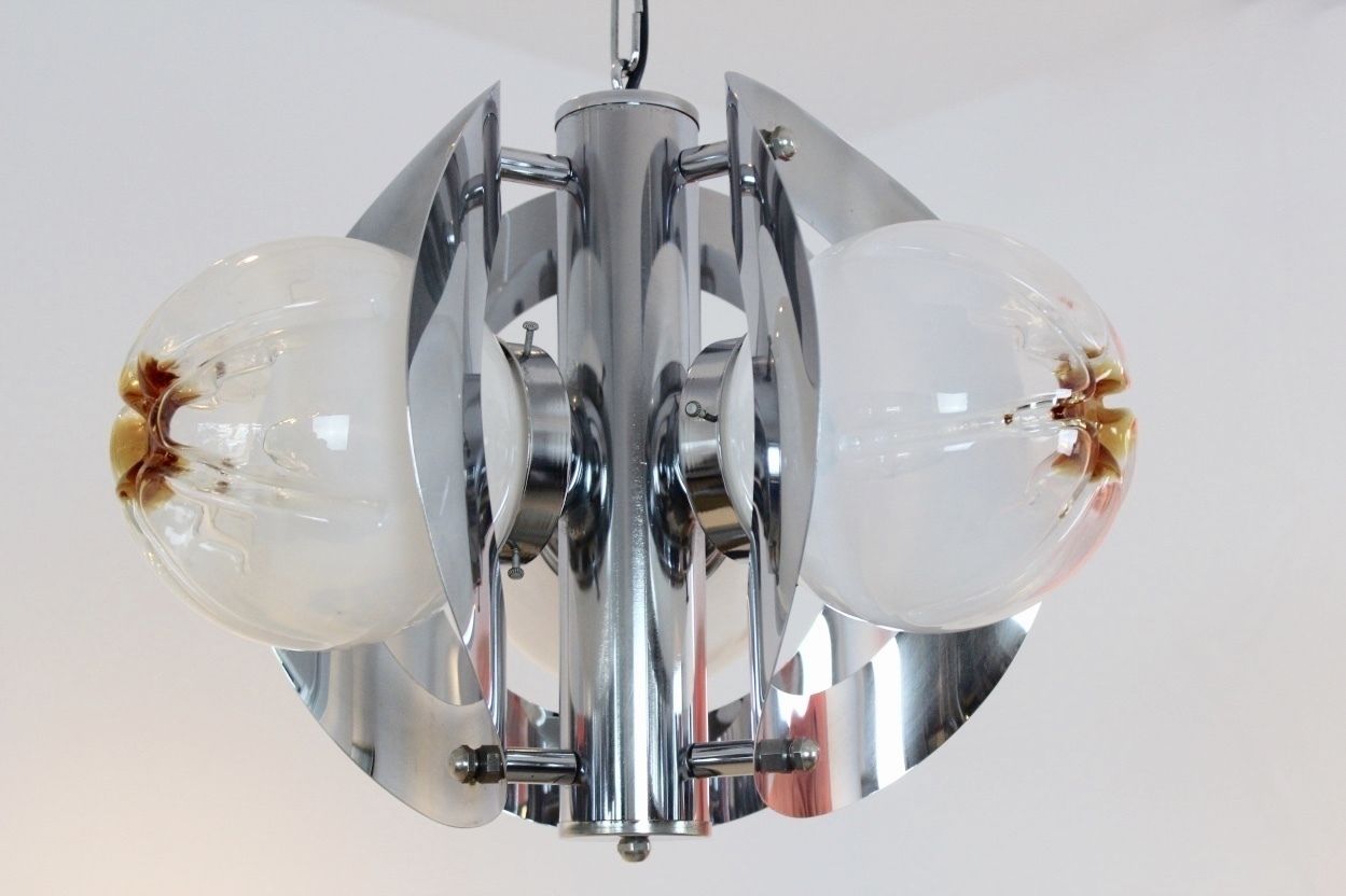 Vintage Geometric Chrome And Frosted Glass Chandelier By A.V. Mazzega