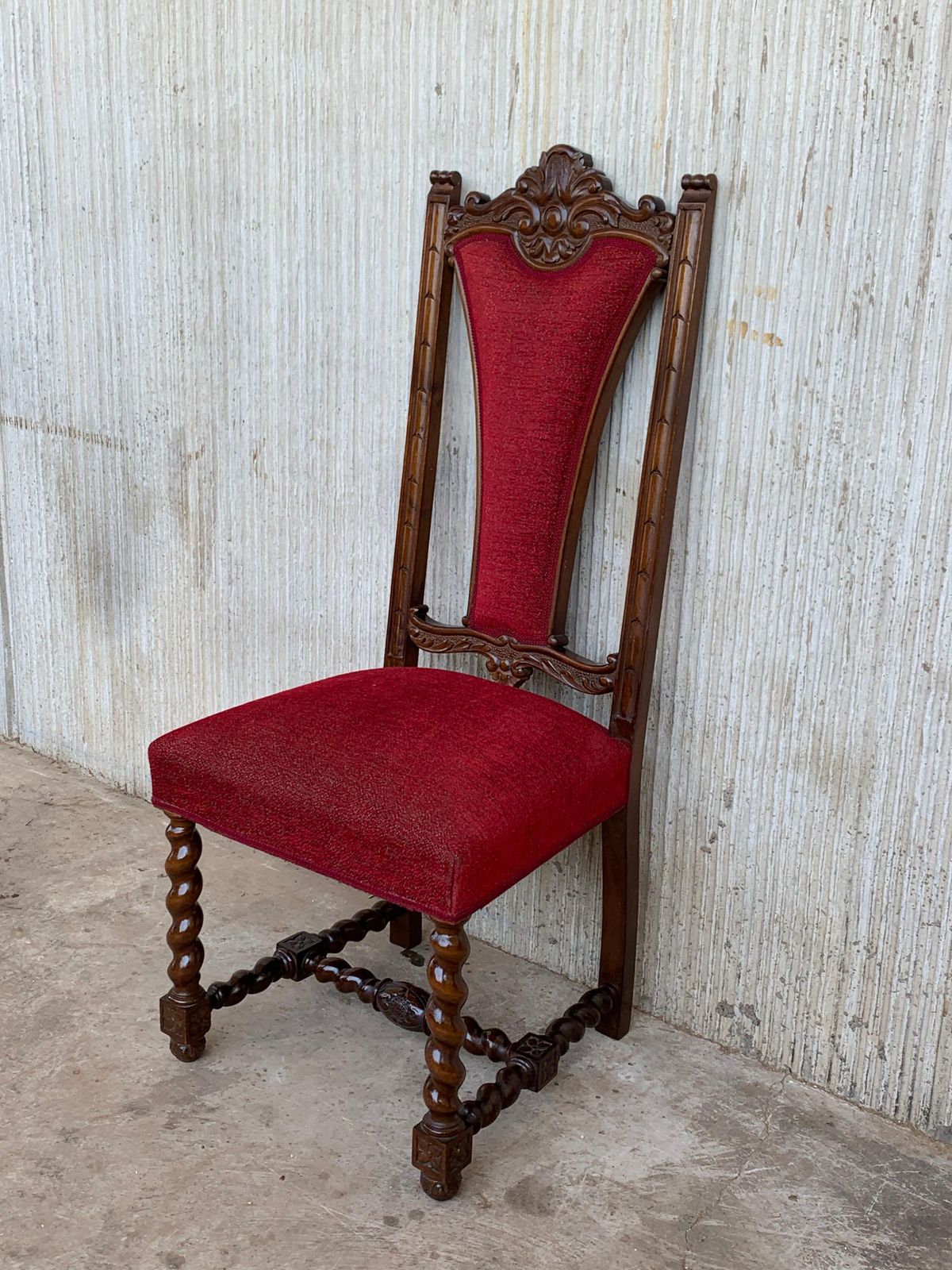 Spanish Carved Walnut Set Of Six Chairs With Red Velvet Seat And Back photo Furniture