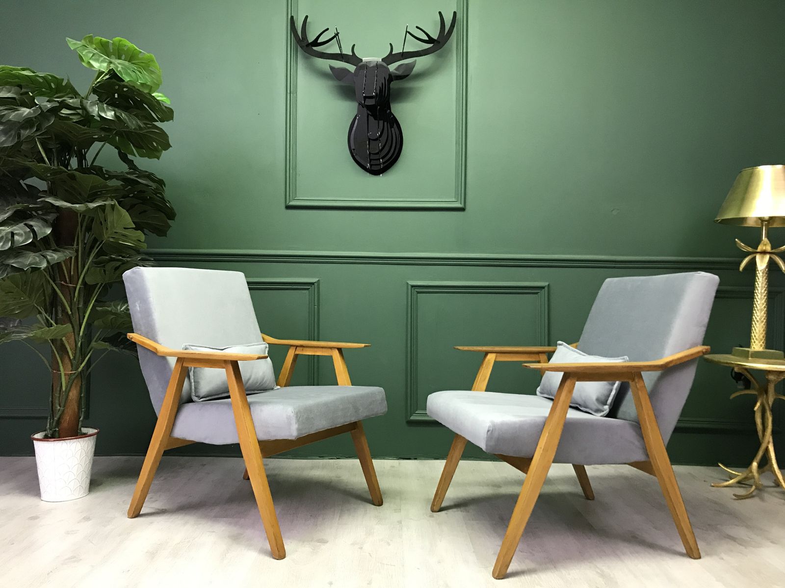 Vintage Retro Grey Art Deco Easy Chairs Armchair 1960 Set Of 2
