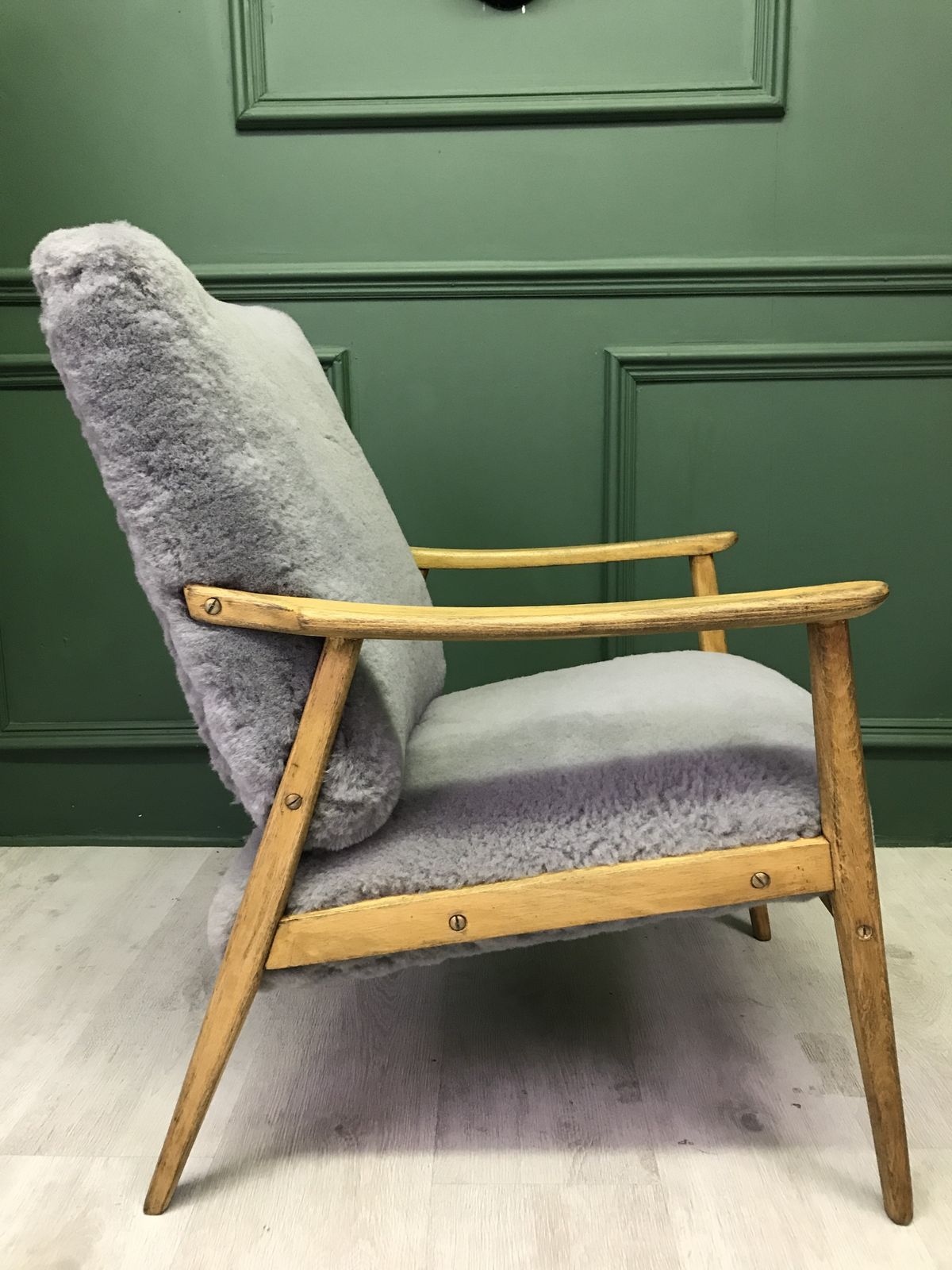 Furniture Vintage Art Deco Unique Grey Fluffy Furry Sheepskin Armchair Chair photo