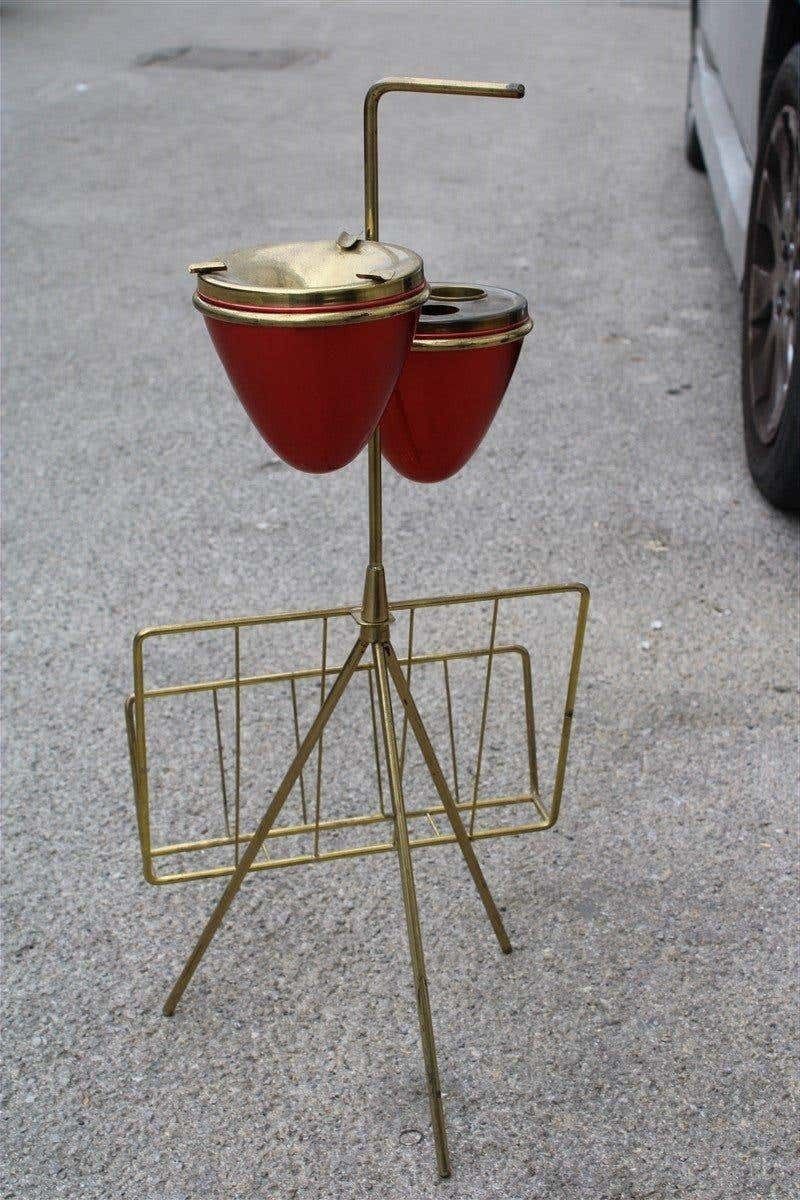 photo for sale Minimal Geometric Magazine Holder Ashtray Brass Italian Mid Century Design Red
