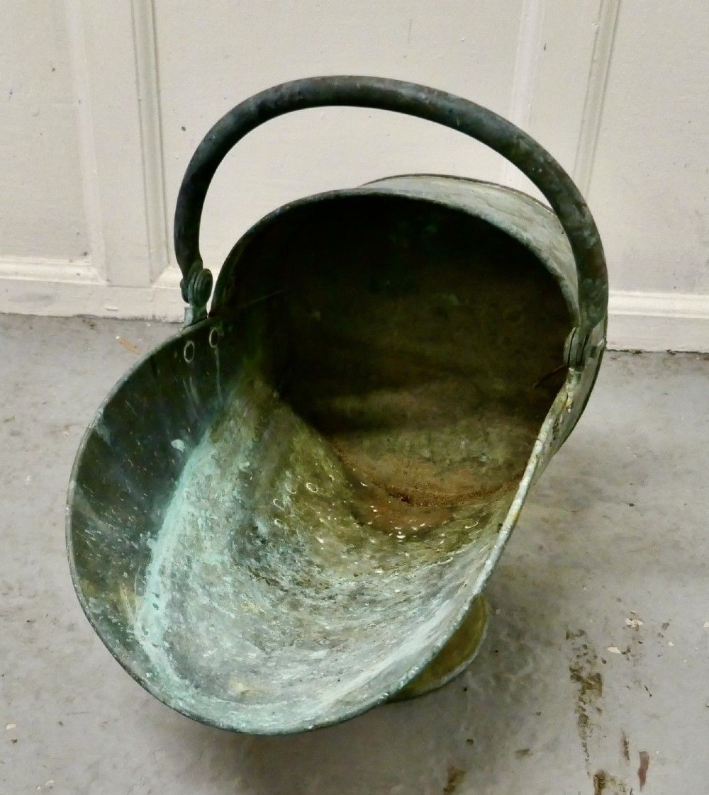 Large Arts And Crafts Shabby (Verdigris) Copper Helmet Coal Scuttle photo furniture