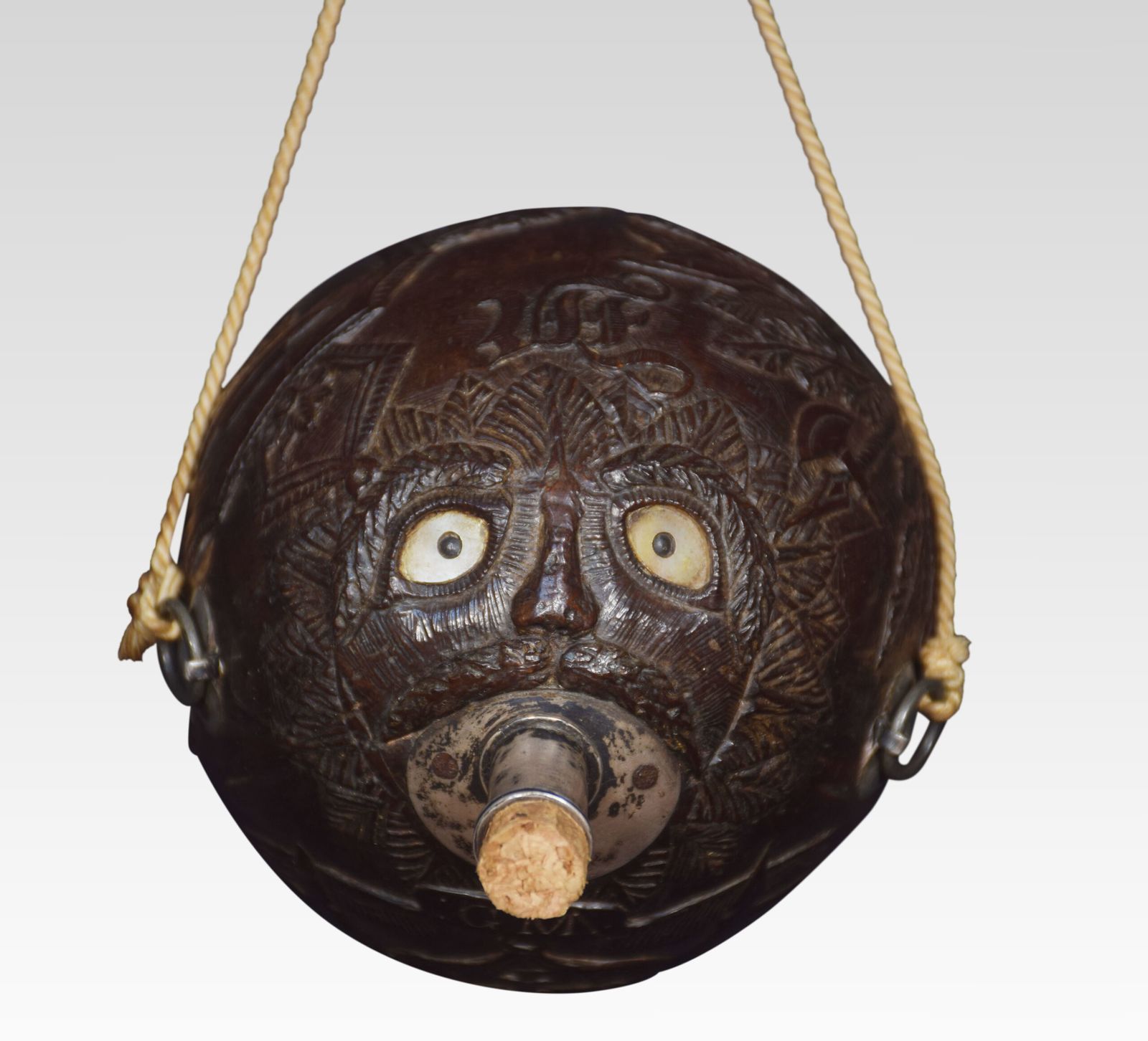 19th Century Carved Bug Bear Coconut Flask