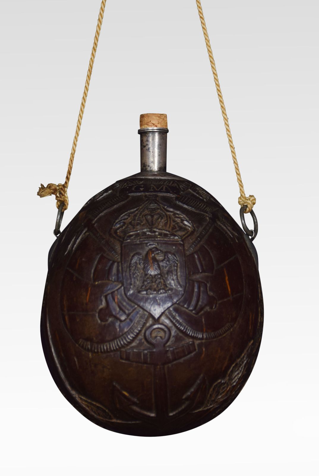19th Century Carved Bug Bear Coconut Flask photo for sale