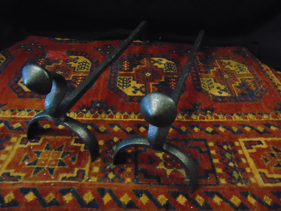 photo for sale Pair Wrought Iron Andirons / Fire Dogs