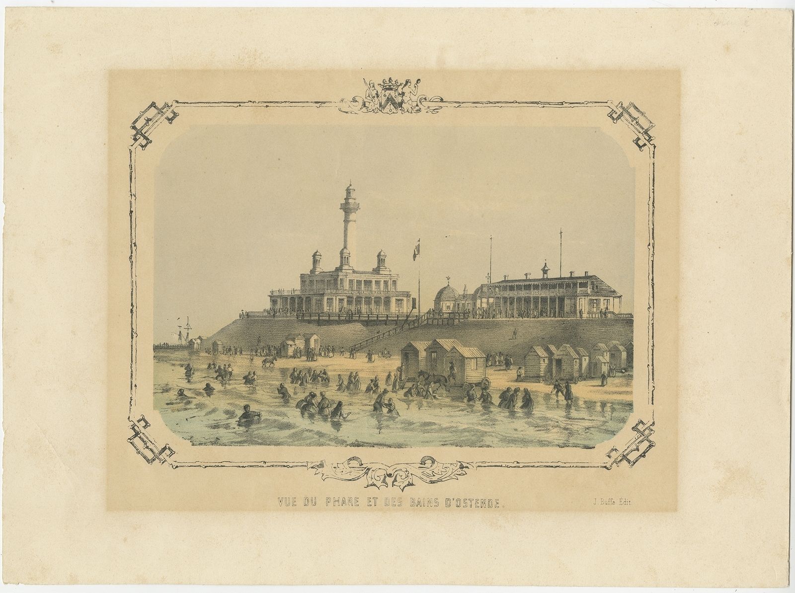 Antique Print Of The Lighthouse And Surroundings Of Oostende By Buffa (C.1852)